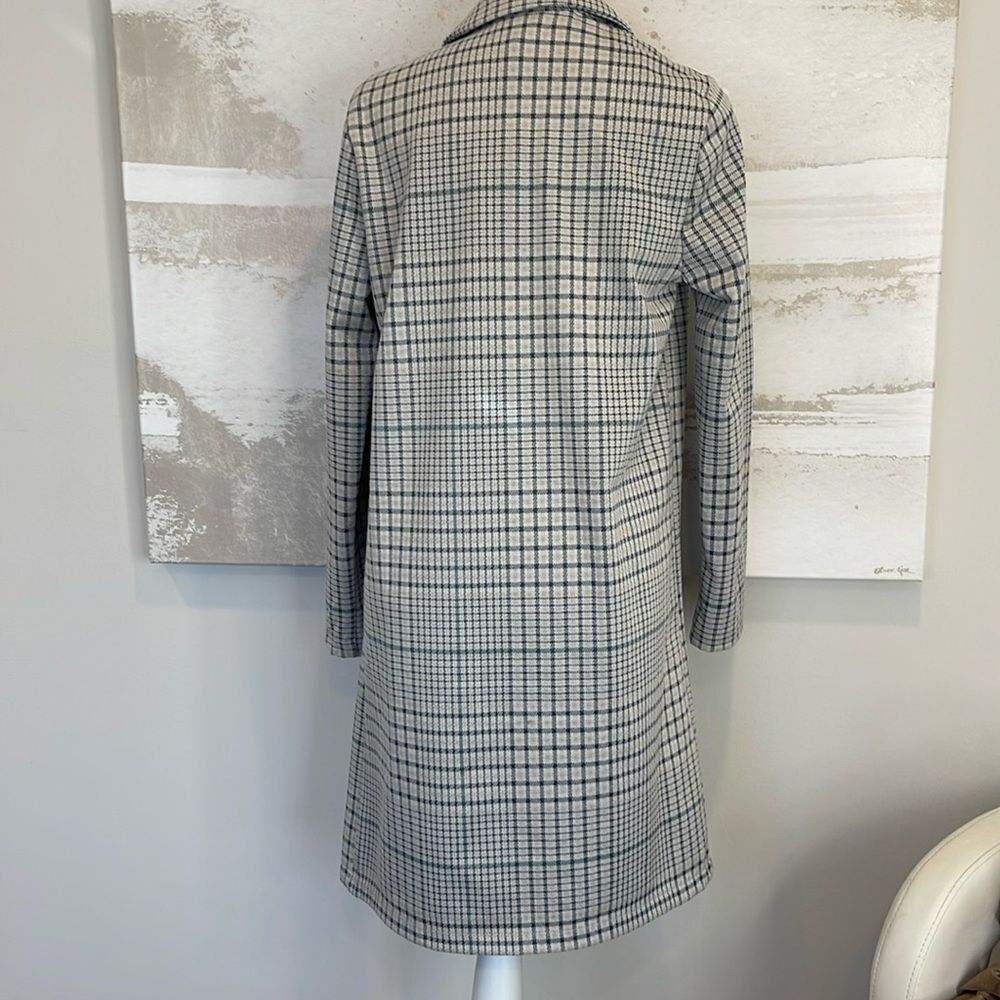 Melloday TRENCH COAT GREY BLUE PLAID SLASH POCKET OPEN FRONT - Picture 5 of 7